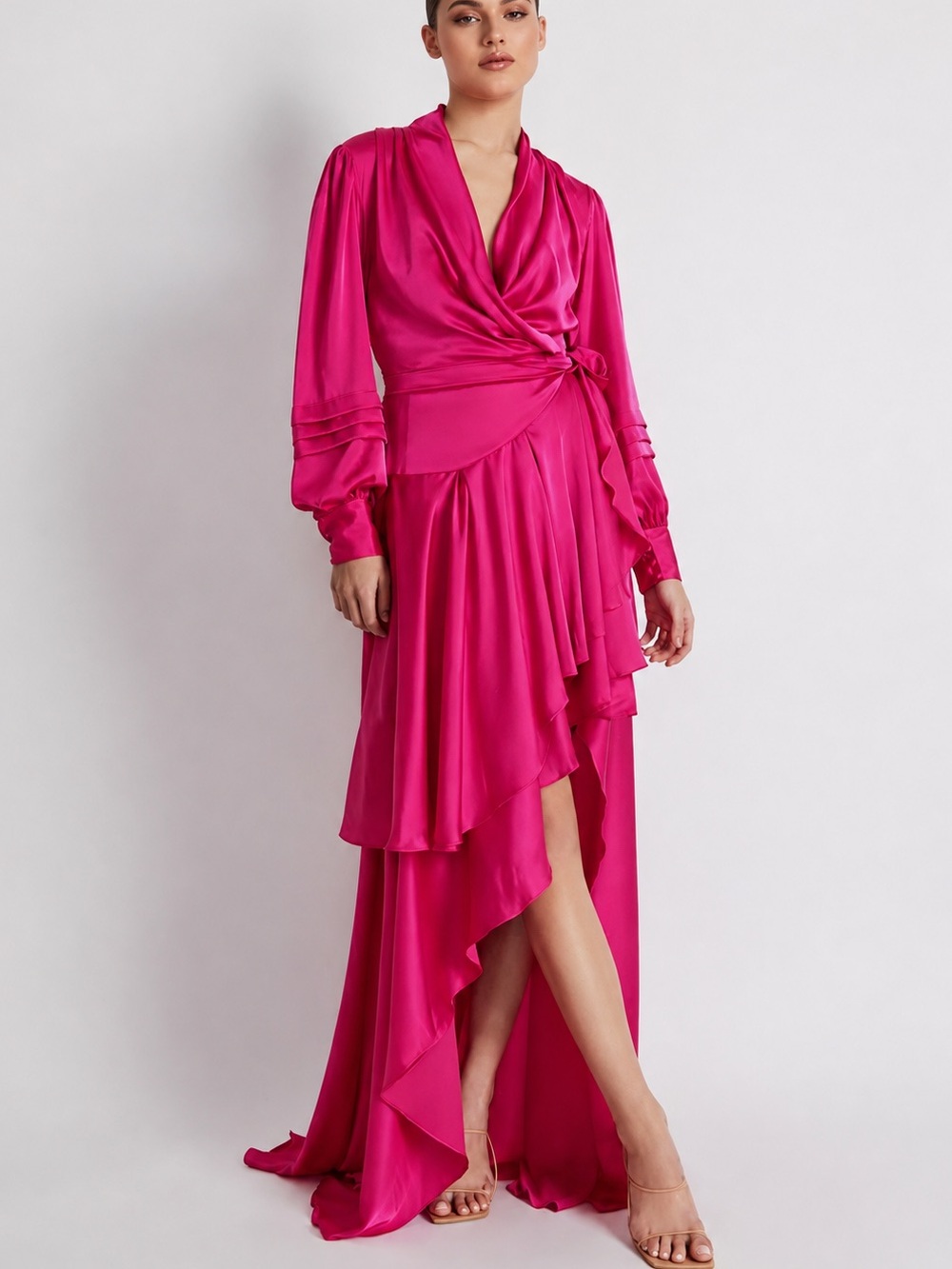 PatBO Fuchsia Satin Wrap High Low Wrap Dress Size Medium